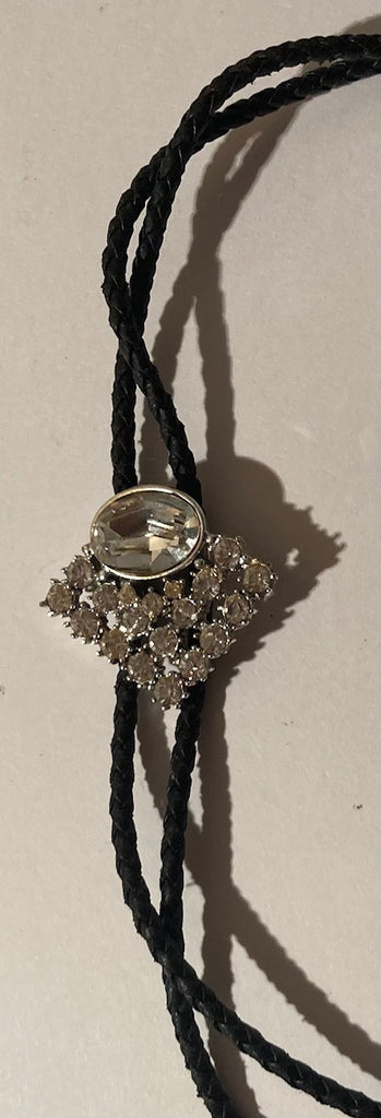 Vintage Metal Bolo Tie, Silver, Nice Big and little Clear Stones Design, 1 1/2" x 1 1/2", Nice Western Design, Quality, Heavy Duty, Made in USA, Country & Western, Cowboy, Western Wear, Horse, Apparel, Accessory, Tie, Nice Quality Fashion