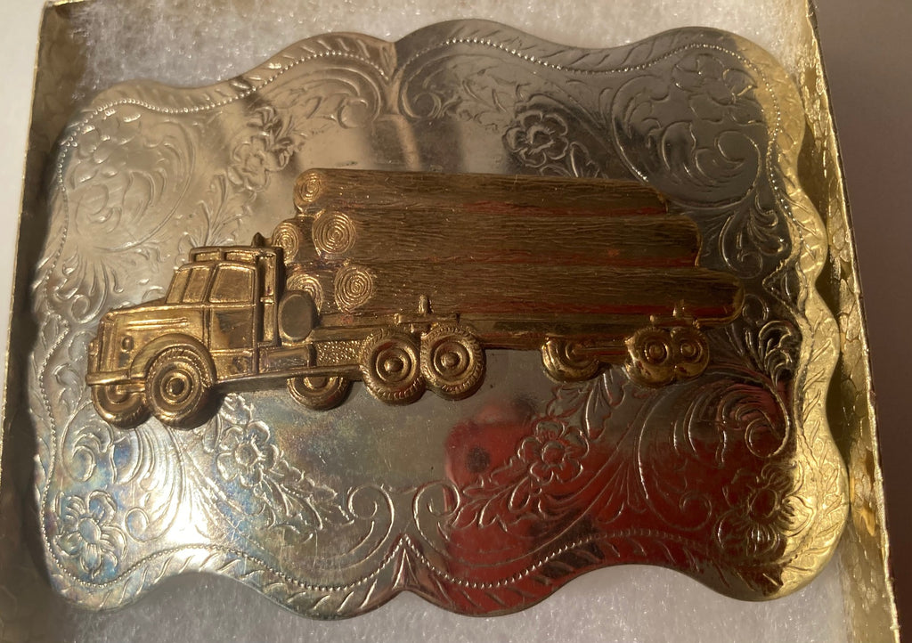 Vintage Metal Belt Buckle, Nickel Silver, Logging Truck, Timber, Lumber, Trucking, Forest, Trees, Log Hauler, 3 1/2" x 2 1/2", Heavy Duty, Quality, Thick Metal, Made in USA, For Belts, Fashion, Shelf Display, Western Wear, Southwest, Country, Fun, Nice