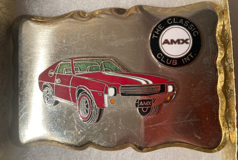 Vintage Metal Belt Buckle, AMX. Javelin, The Classic Club Int, Muscle Car, Classic Car, Hot Rod, Automobile, 3 1/4" x 2 1/4", Heavy Duty, Quality, Thick Metal, Made in USA, For Belts, Fashion, Shelf Display, Western Wear, Southwest, Country, Fun, Nice