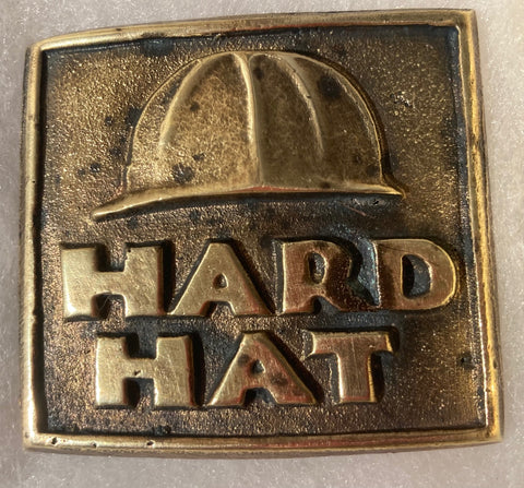 Vintage Metal Belt Buckle, Brass, Hard Hat, Construction, 2 1/2" x 2 1/4", Heavy Duty, Quality, Thick Metal, Made in USA, For Belts, Fashion, Shelf Display, Western Wear, Southwest, Country, Fun, Nice,