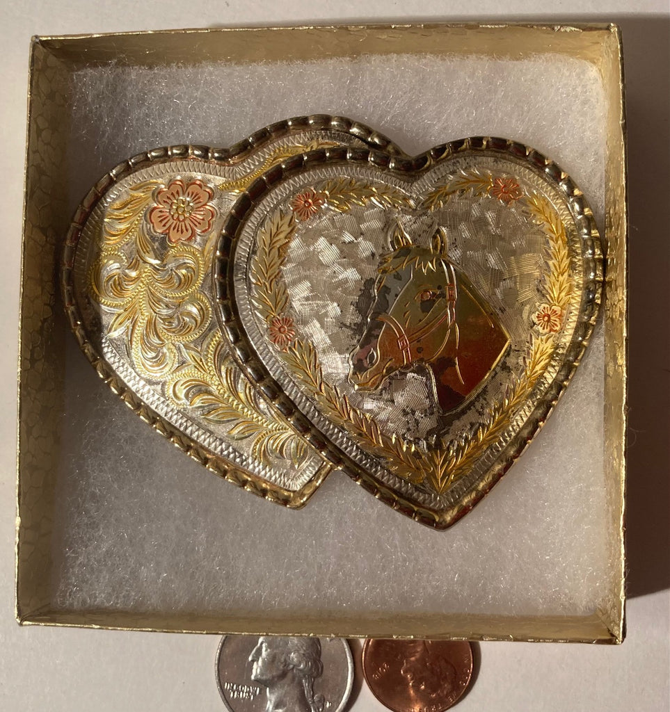Vintage Metal Belt Buckle, Double Hearts, Horse, Western Rodeo,  3 1/2" x 2 1/2", Heavy Duty, Made in USA, Quality, Name, Country & Western, Western Wear, For Belts, Fashion, Shelf Display, Fun, Nice