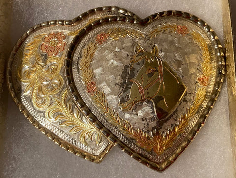 Vintage Metal Belt Buckle, Double Hearts, Horse, Western Rodeo,  3 1/2" x 2 1/2", Heavy Duty, Made in USA, Quality, Name, Country & Western, Western Wear, For Belts, Fashion, Shelf Display, Fun, Nice