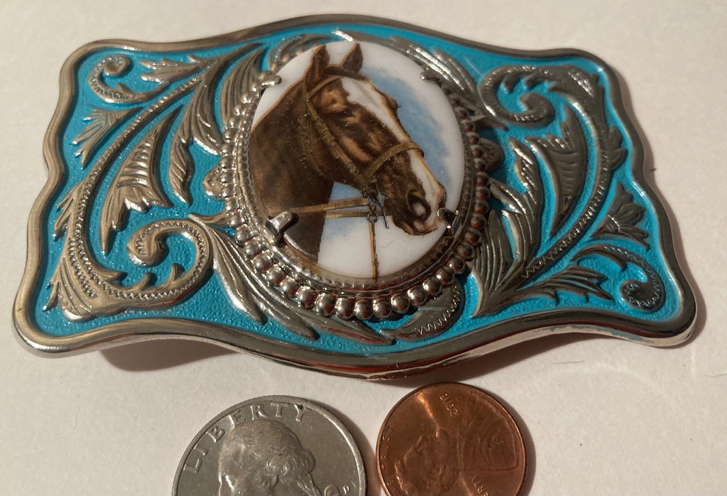 Vintage Metal Belt Buckle, Blue, Nice Horse Design,  3 3/4" x 2 1/2", Heavy Duty, Made in USA, Quality, Name, Country & Western, Western Wear, For Belts, Fashion, Shelf Display, Fun