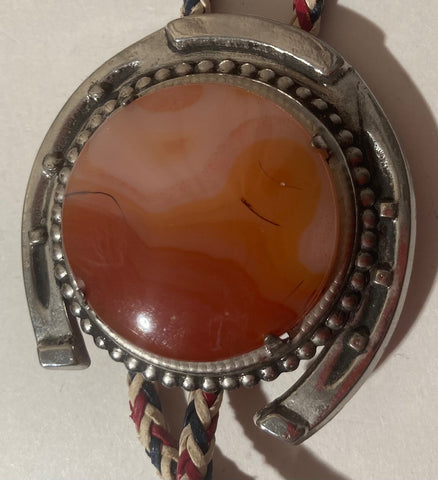 Vintage Metal Bolo Tie, Silver Horseshoe with Nice Orange Colored Stone, 2 1/2" x 2 1/4", Nice Western Design, Quality, Heavy Duty, Made in USA, Country & Western, Cowboy, Western Wear, Horse, Apparel, Accessory, Tie, Nice Quality Fashion