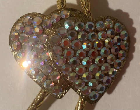 Vintage Metal Bolo Tie, For Pets, Cats, Dogs, More Double Hearts, Sparkly Stones Design, 2" x 1 1/2", Nice Western Design, Quality, Heavy Duty, Made in USA, Country & Western, Cowboy, Western Wear, Horse, Apparel, Accessory, Tie, Nice Quality Fashion,