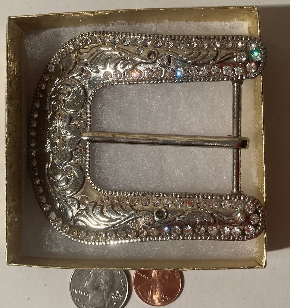 Vintage Metal Belt Buckle, Nice Sparkly Crystals, 3 1/2" x 3", Heavy Duty, Made in USA, Quality, Name, Country & Western, Western Wear, For Belts, Fashion, Shelf Display, Fun, Nice.