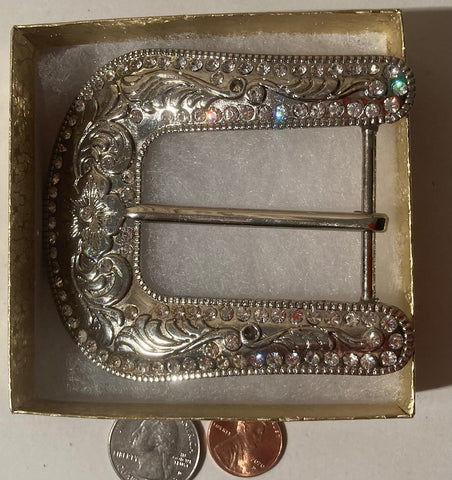 Vintage Metal Belt Buckle, Nice Sparkly Crystals, 3 1/2" x 3", Heavy Duty, Made in USA, Quality, Name, Country & Western, Western Wear, For Belts, Fashion, Shelf Display, Fun, Nice.