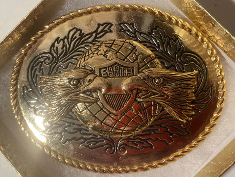 Vintage Metal Belt Buckle, Brass, Earth, Eagles, 3 1/2" x 2 3/4", Heavy Duty, Made in USA, Quality, Name, Country & Western, Western Wear, For Belts, Fashion, Shelf Display, Fun, Nice