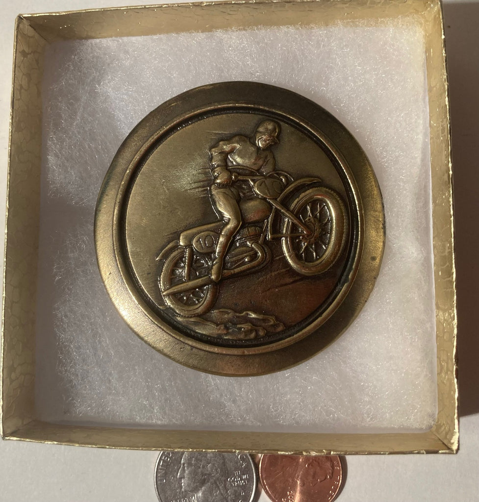 Vintage 1977 Metal Belt Buckle, Brass, Motorcycle, Dirt Bike, 2 1/2" x 2 1/2", Heavy Duty, Made in USA, Quality, Name, Country & Western, Western Wear, For Belts, Fashion, Shelf Display, Fun, Nice.