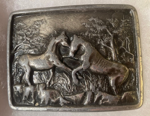 Vintage 1978 Metal Belt Buckle, Horses, 2 3/4" x 2", Heavy Duty, Made in USA, Quality, Name, Country & Western, Western Wear, For Belts, Fashion, Shelf Display, Fun, Nice