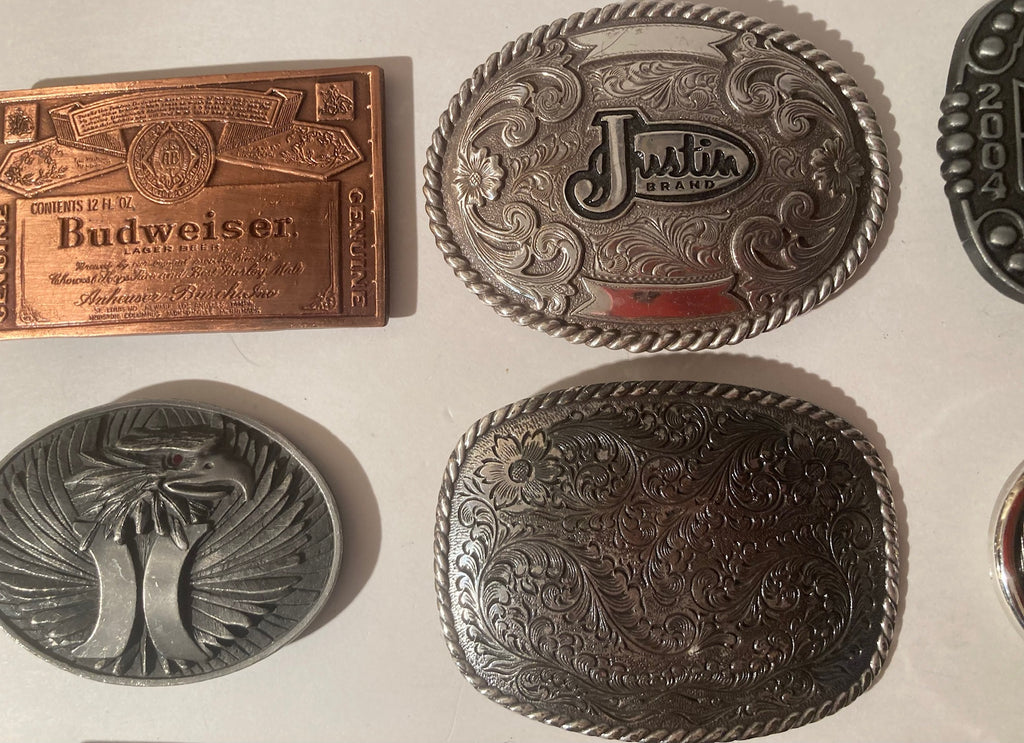 Vintage Lot of 12 Assorted Different Belt Buckles, National Finals Rodeo, Budweiser, Justin, Longhorn, Country & Western, Western Wear, Made in USA, Resell, For Belts, Fashion, Shelf Display, Nice Belt Buckles, Wholesale,