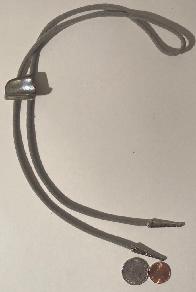 Vintage Metal Bolo Tie, Nice Abalone Curved Style Design, 1" x 3/4", Nice Western Design, Quality, Heavy Duty, Made in USA, Country & Western, Cowboy, Western Wear, Horse, Apparel, Accessory, Tie, Nice Quality Fashion