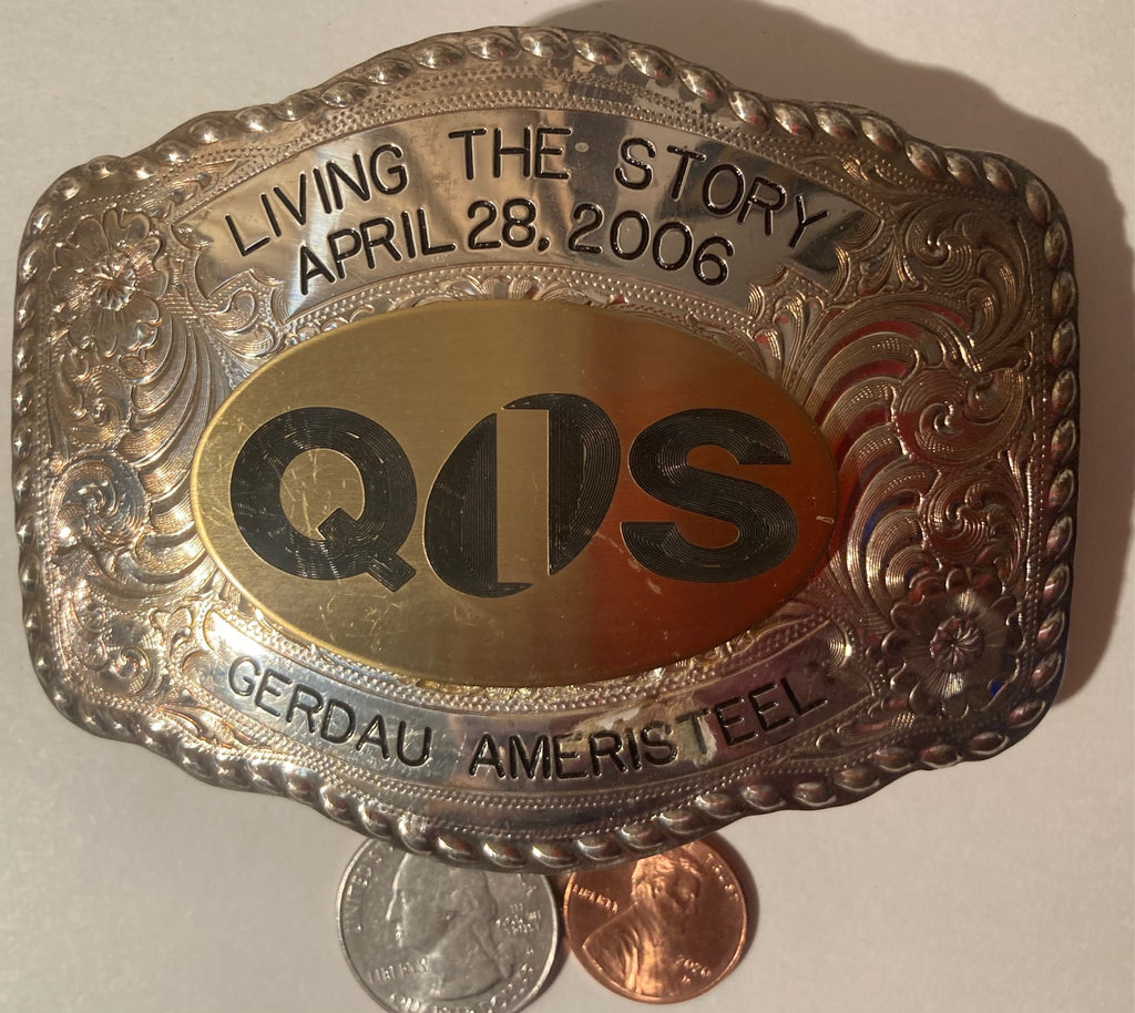 Vintage Metal Belt Buckle, Silver and Brass, Living the Story, QOS, Gary's Belt Buckles,,  4" x 3", Heavy Duty, Quality, Made in USA, Country & Western, Western Wear, For Belts, Fashion, Shelf Display, Fun, Nice