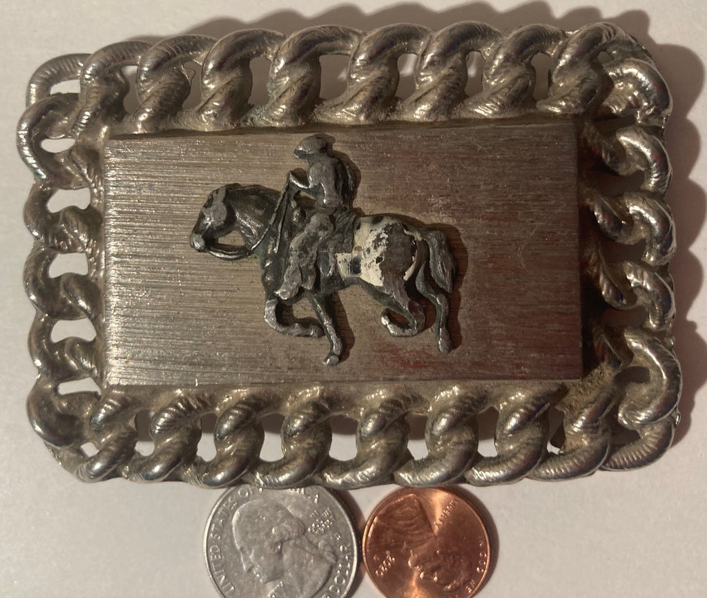 Vintage Metal Belt Buckle, Horse, Cowboy, Very Thick Metal, 3 1/2" x 2 1/2", Heavy Duty, Quality, Made in USA, Country & Western, Western Wear, For Belts, Fashion, Shelf Display, Fun, Nice