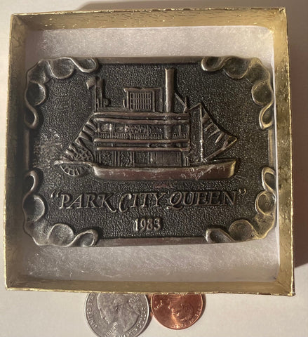 Vintage 1983 Metal Belt Buckle, Park City Queen, River Boat,  3 1/2" x 2 1/2", Heavy Duty, Quality, Made in USA, Country & Western, Western Wear, For Belts, Fashion, Shelf Display, Fun, Nice.