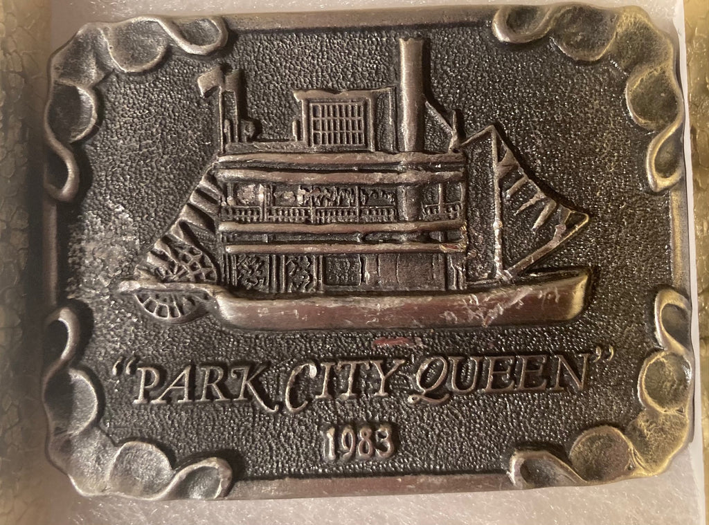 Vintage 1983 Metal Belt Buckle, Park City Queen, River Boat,  3 1/2" x 2 1/2", Heavy Duty, Quality, Made in USA, Country & Western, Western Wear, For Belts, Fashion, Shelf Display, Fun, Nice.