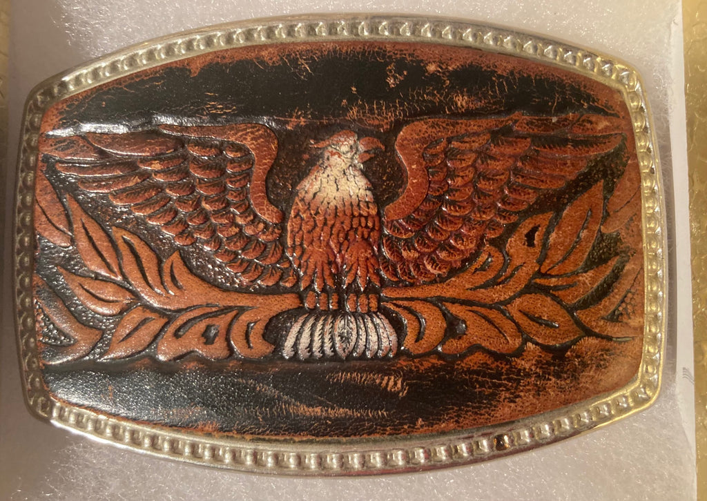 Vintage Metal Belt Buckle, Leather, Eagle, Nature, Wildlife, 3 1/2" x 2 1/4", Heavy Duty, Quality, Made in USA, Country & Western, Western Wear, For Belts, Fashion, Shelf Display, Fun, Nice.