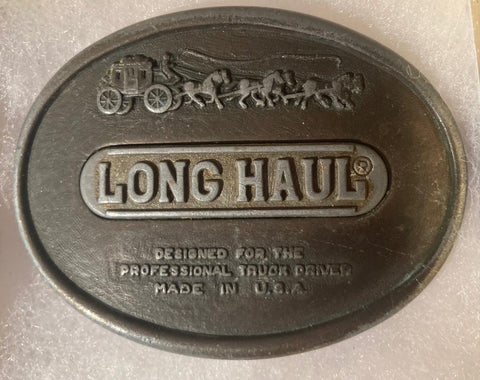 Vintage Metal Belt Buckle, Long Haul, Designed for the Professional Truck Driver, 3" x 2 1/4", Heavy Duty, Quality, Made in USA, Country & Western, Western Wear, For Belts, Fashion, Shelf Display, Fun, Nice.