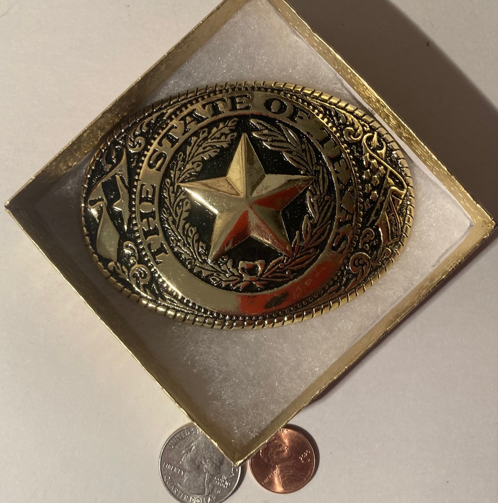 Vintage Metal Belt Buckle, Brass, The State of Texas, 3 3/4" x 2 3/4", Heavy Duty, Quality, Made in USA, Country & Western, Western Wear, For Belts, Fashion, Shelf Display, Fun, Nice