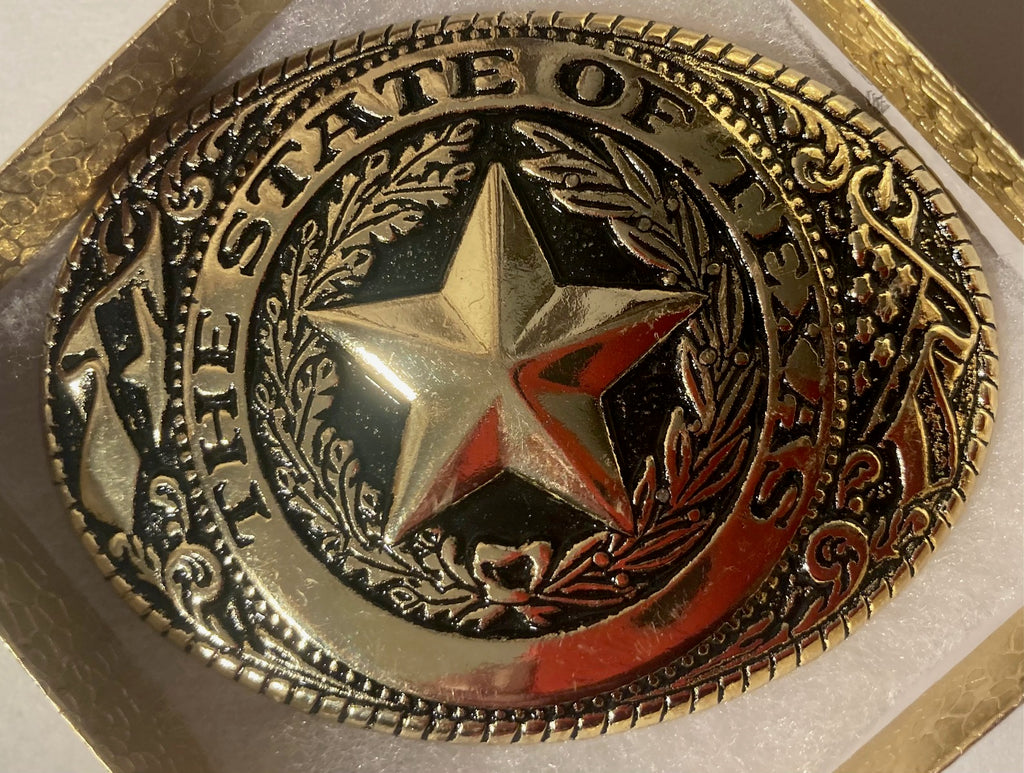 Vintage Metal Belt Buckle, Brass, The State of Texas, 3 3/4" x 2 3/4", Heavy Duty, Quality, Made in USA, Country & Western, Western Wear, For Belts, Fashion, Shelf Display, Fun, Nice