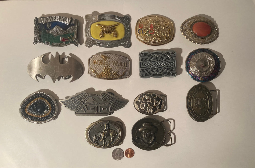 Vintage Lot of 14 Assorted Different Belt Buckles, America the Beautiful, Cowboy End of the Trail, Country & Western, Western Wear, Made in USA, Resell, For Belts, Fashion, Shelf Display, Nice Belt Buckles, Wholesale