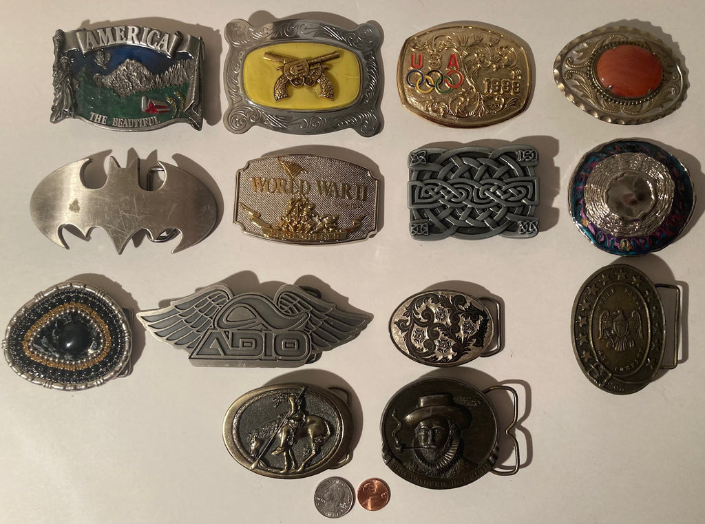 Vintage Lot of 14 Assorted Different Belt Buckles, America the Beautiful, Cowboy End of the Trail, Country & Western, Western Wear, Made in USA, Resell, For Belts, Fashion, Shelf Display, Nice Belt Buckles, Wholesale