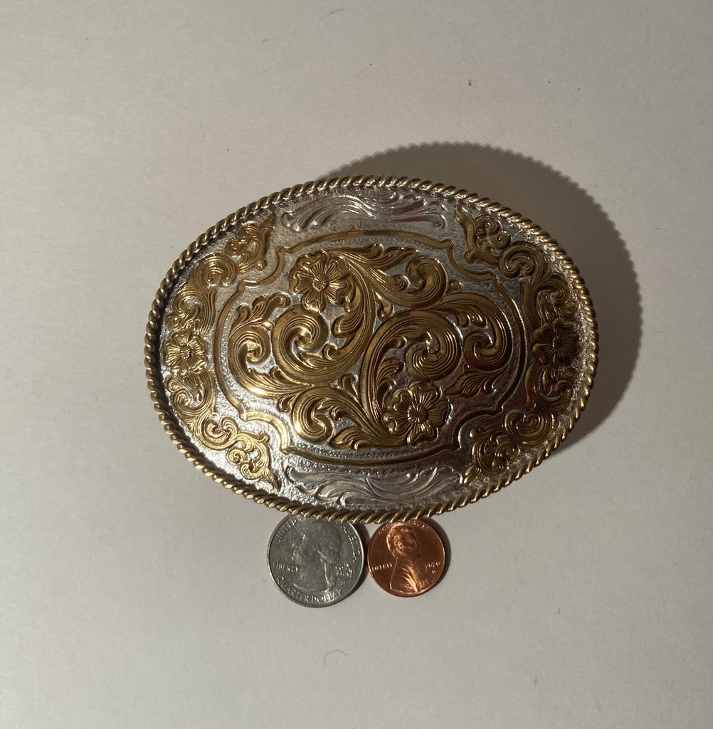 Vintage Metal Belt Buckle, Silver and Gold, Silversmith Collection, Nice Western Design,  4 1/4" x 3", Quality, Made in USA, Country and Western, Heavy Duty, Fashion, Belts, Shelf Display, Collectible Belt Buckle