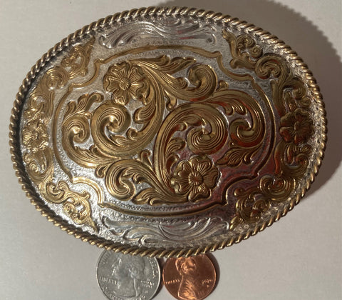 Vintage Metal Belt Buckle, Silver and Gold, Silversmith Collection, Nice Western Design,  4 1/4" x 3", Quality, Made in USA, Country and Western, Heavy Duty, Fashion, Belts, Shelf Display, Collectible Belt Buckle