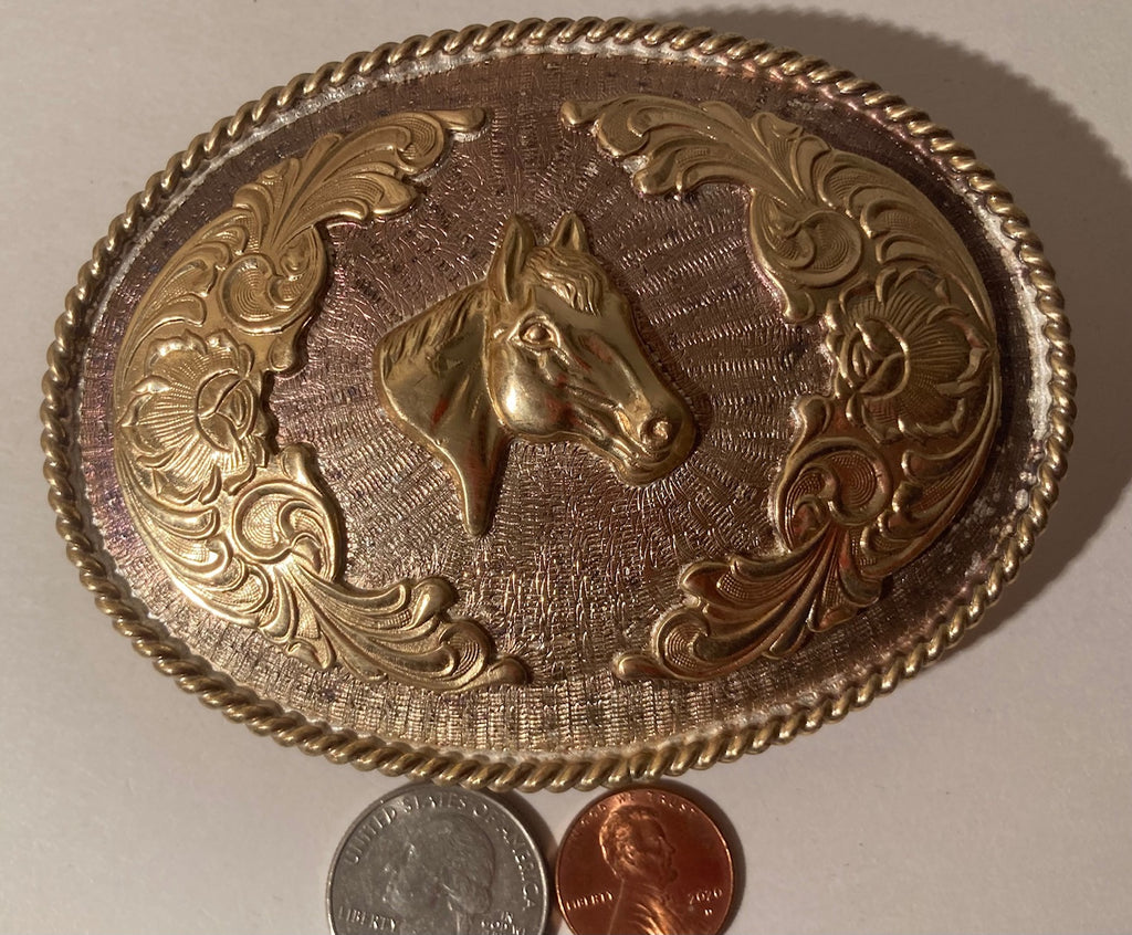 Vintage Metal Belt Buckle, Silver and Brass, Horse, Nice Western Design,  4 1/4" x 3 1/4", Quality, Made in Mexico, Country and Western, Heavy Duty, Fashion, Belts, Shelf Display, Collectible Belt Buckle