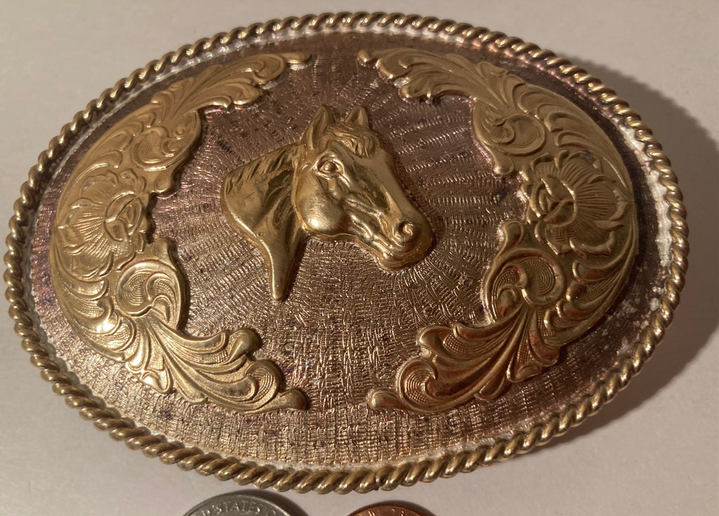 Vintage Metal Belt Buckle, Silver and Brass, Horse, Nice Western Design,  4 1/4" x 3 1/4", Quality, Made in Mexico, Country and Western, Heavy Duty, Fashion, Belts, Shelf Display, Collectible Belt Buckle