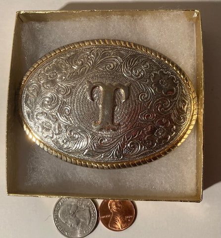 Vintage Metal Belt Buckle, Gold Plated, Letter T, Initial T, Nice Western Design,  3 1/2" x 2 1/2", Quality, Made in USA, Country and Western, Heavy Duty, Fashion, Belts, Shelf Display, Collectible Belt Buckle