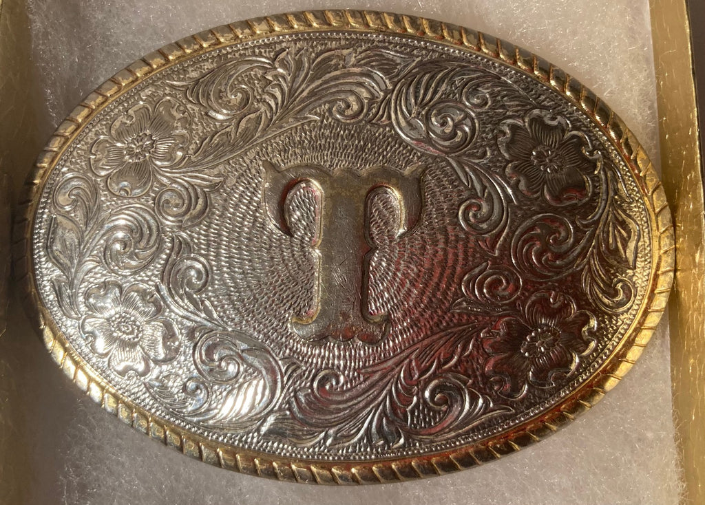 Vintage Metal Belt Buckle, Gold Plated, Letter T, Initial T, Nice Western Design,  3 1/2" x 2 1/2", Quality, Made in USA, Country and Western, Heavy Duty, Fashion, Belts, Shelf Display, Collectible Belt Buckle