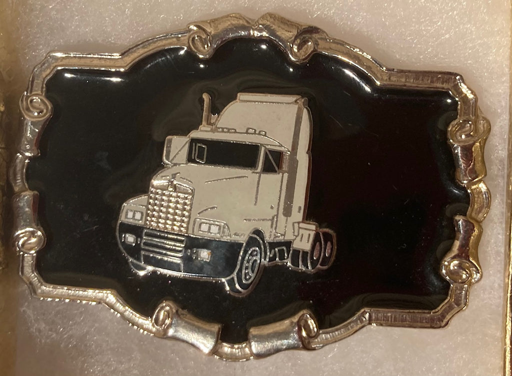 Vintage Metal Belt Buckle, Enamel, Truck Driving, Trucking, 18 Wheeler, Nice Western Design, 3 1/4" x 2 1/2", Quality, Made in USA, Country and Western, Heavy Duty, Fashion, Belts, Shelf Display, Collectible Belt Buckle