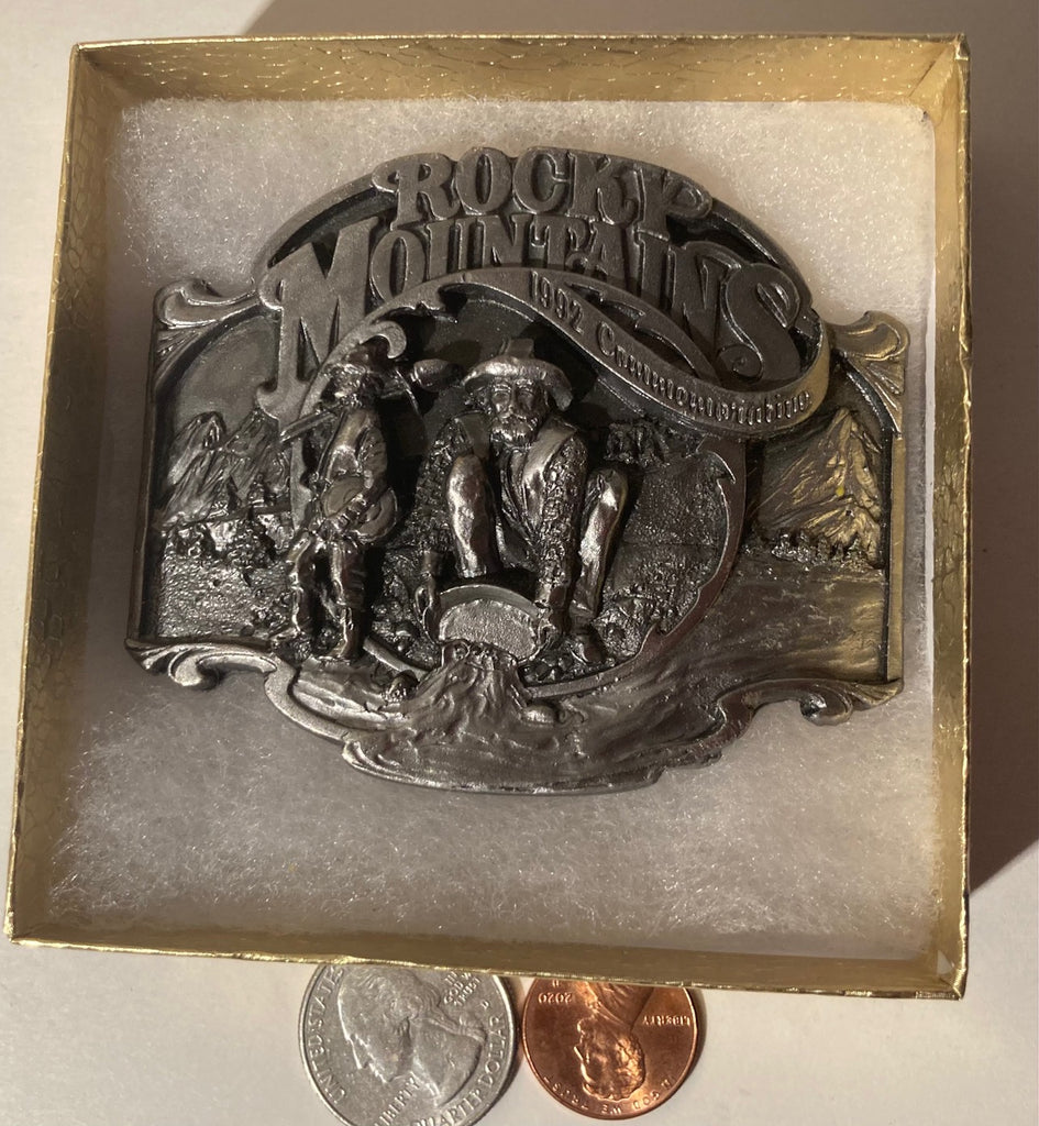 Vintage 1992 Metal Belt Buckle, Rocky Mountains,  Gold Mining, Panning, Nice Western Design, 3 1/4" x 2 1/2", Quality, Made in USA, Country and Western, Heavy Duty, Fashion, Belts, Shelf Display, Collectible Belt Buckle