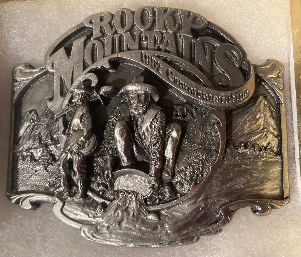 Vintage 1992 Metal Belt Buckle, Rocky Mountains,  Gold Mining, Panning, Nice Western Design, 3 1/4" x 2 1/2", Quality, Made in USA, Country and Western, Heavy Duty, Fashion, Belts, Shelf Display, Collectible Belt Buckle