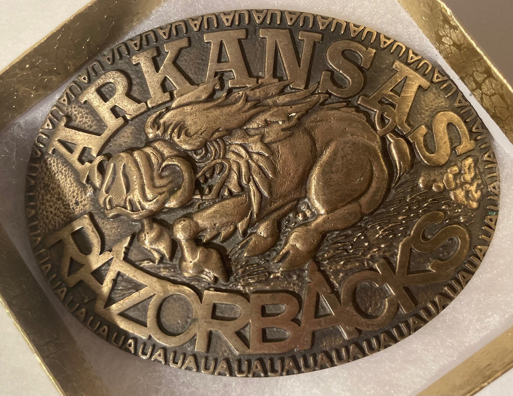 Vintage Metal Belt Buckle, Brass, Arkansas Razorbacks, UA, University, College,  3 3/4" x 2 3/4", Quality, Made in USA, Country and Western, Heavy Duty, Fashion, Belts, Shelf Display, Collectible Belt Buckle