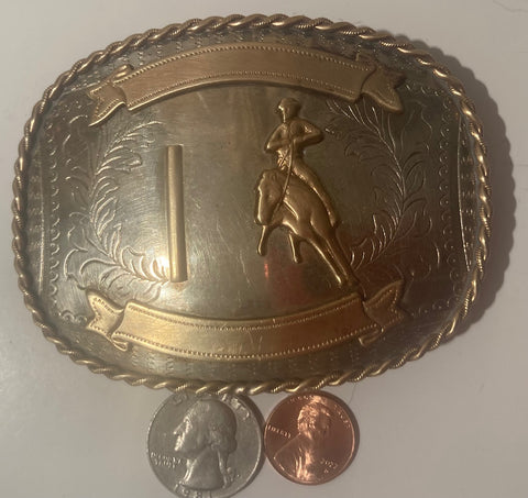 Vintage Metal Belt Buckle, Nickel Silver, Rockmount, Horse, Barrel Racing, Nice Western Design, 4" x 3", Heavy Duty, Quality, Thick Metal, Made in USA, For Belts, Fashion, Shelf Display, Western Wear, Southwest, Country, Fun, Nice,