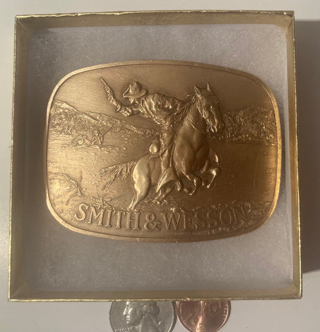 Vintage 1975 Metal Belt Buckle, Smith and Wesson, Nice Design, 3 1/4" x 2 1/2", Heavy Duty, Quality, Thick Metal, Made in USA, For Belts, Fashion, Shelf Display, Western Wear, Southwest, Country, Fun, Nice,