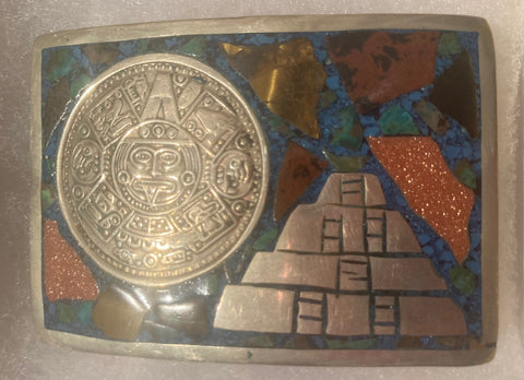 Vintage Metal Belt Buckle, Sterling Silver, Colorful Design, Turquoise Stones, 2 3/4" x 2", Heavy Duty, Quality, Thick Metal, Made in Mexico, For Belts, Fashion, Shelf Display, Western Wear, Southwest, Country, Fun, Nice