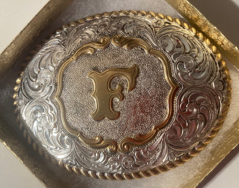 intage Metal Belt Buckle, Silver and Brass, Letter F, Initial F, Crumrine, Nice Western Design, 3 3/4" x 2 3/4", Quality, Made in USA, Country and Western, Heavy Duty, Fashion, Belts, Shelf Display, Collectible Belt Buckle,