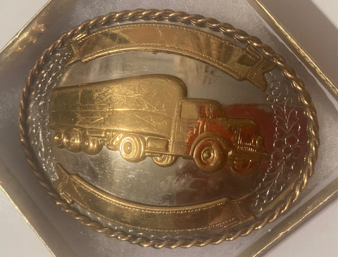 Vintage Metal Belt Buckle, German Silver, Vintage Semi Truck, Truck Driving, Nice Western Design, 3 3/4" x 2 3/4", Heavy Duty, Quality, Thick Metal, Made in USA, For Belts, Fashion, Shelf Display, Western Wear, Southwest, Country, Fun, Nice,