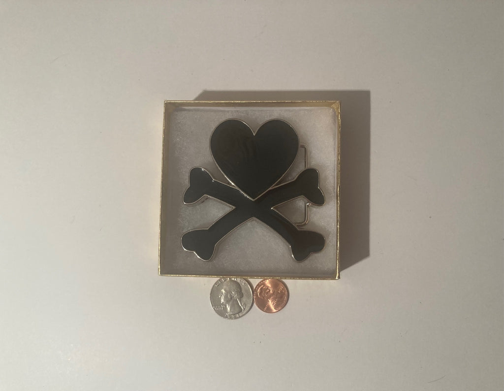 Vintage Metal Belt Buckle, Black Shiny Enamel, Heart and Cross Bones, Gothic, Nice Western Design, 3" x 3", Heavy Duty, Quality, Thick Metal, Made in USA, For Belts, Fashion, Shelf Display, Western Wear, Southwest, Country, Fun, Nice,