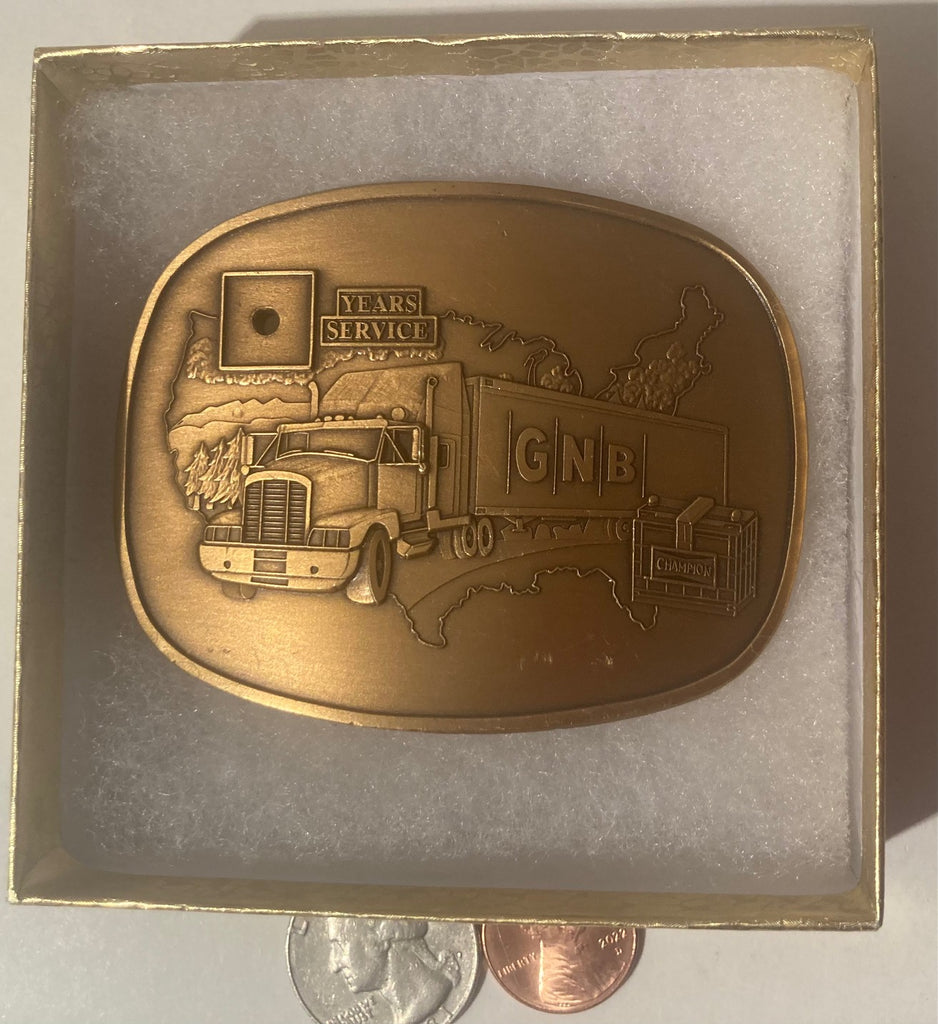 Vintage Metal Belt Buckle, Semi Truck, GNB, Champion, Truck Driving, Nice Western Design, 3" x 2 1/2", Heavy Duty, Quality, Thick Metal, Made in USA, For Belts, Fashion, Shelf Display, Western Wear, Southwest, Country, Fun, Nice,