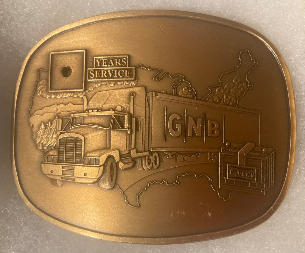 Vintage Metal Belt Buckle, Semi Truck, GNB, Champion, Truck Driving, Nice Western Design, 3" x 2 1/2", Heavy Duty, Quality, Thick Metal, Made in USA, For Belts, Fashion, Shelf Display, Western Wear, Southwest, Country, Fun, Nice,