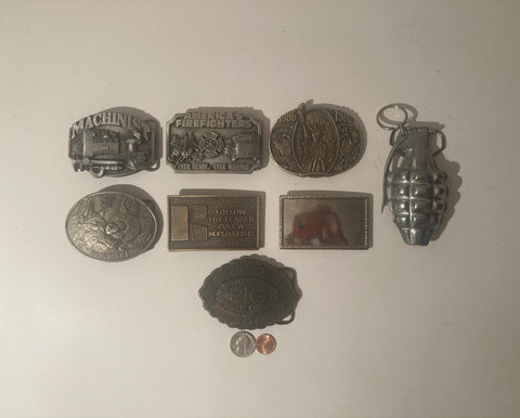 Vintage Lot of 8 Assorted Different Country and Western Wear Style Belt Buckles, Machinist, Firefighter, Statue of Liberty, Pigs, Country & Western, Art, Resell, For Belts, Fashion, Shelf Display, Some May Need Work, Nice Belt Buckles