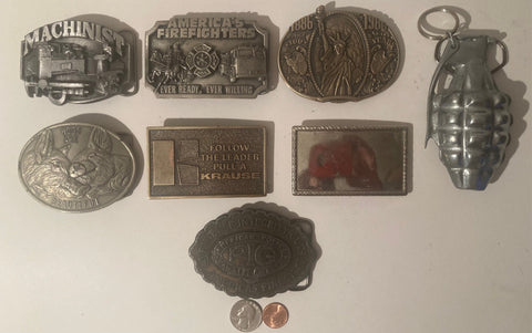 Vintage Lot of 8 Assorted Different Country and Western Wear Style Belt Buckles, Machinist, Firefighter, Statue of Liberty, Pigs, Country & Western, Art, Resell, For Belts, Fashion, Shelf Display, Some May Need Work, Nice Belt Buckles