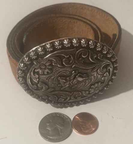 Vintage Leather Belt Buckle, and Belt, Wrangler, Brown Hand Tooled Leather, Nice, Unique, Quality, Size 21" to 25", Country and Western, Western Wear, Heavy Duty, Nice, Quality, Unique, Fashion