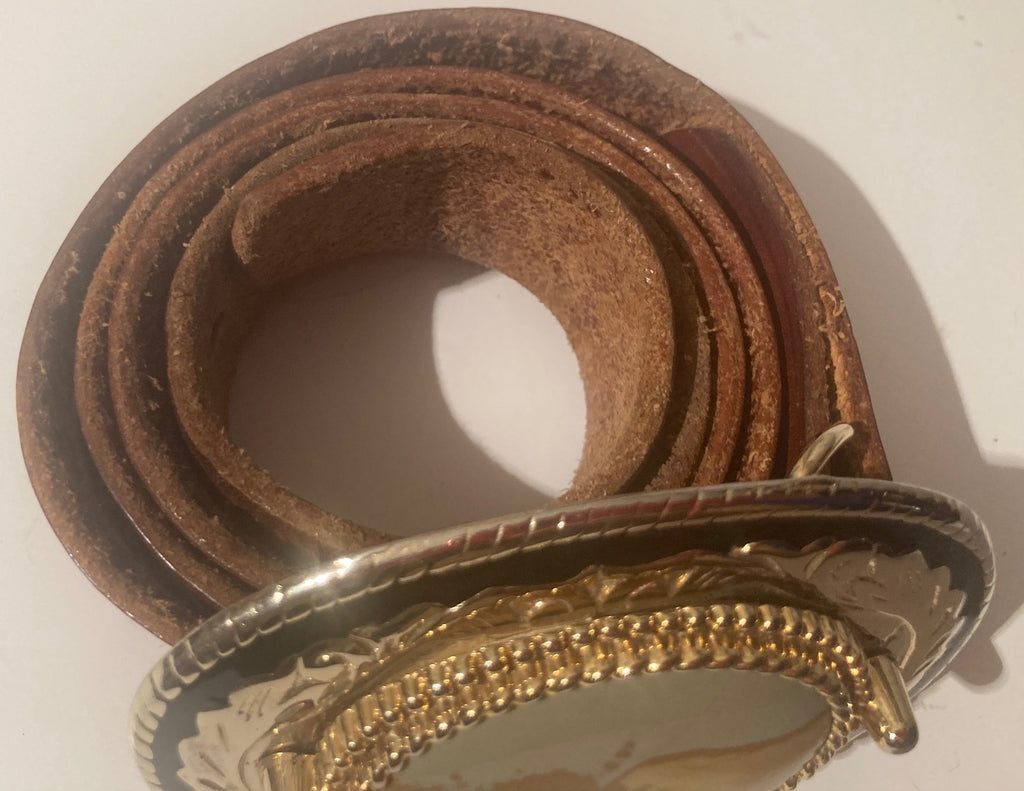 Vintage Leather Belt Buckle, and Belt, Sand Stone Design, Brown Leather, Nice, Unique, Quality, Size 34" to 40", Country and Western, Western Wear, Heavy Duty, Nice, Quality, Unique, Fashion