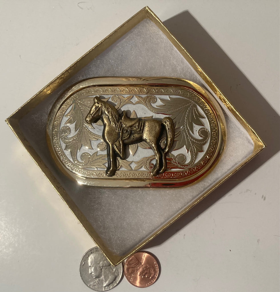 Vintage Metal Belt Buckle, Brass, Horse, Nice Western Style Design, 3 3/4" x 2 1/4", Heavy Duty, Quality, Thick Metal, Made in USA, For Belts, Fashion, Shelf Display, Western Wear, Southwest, Country, Fun, Nice