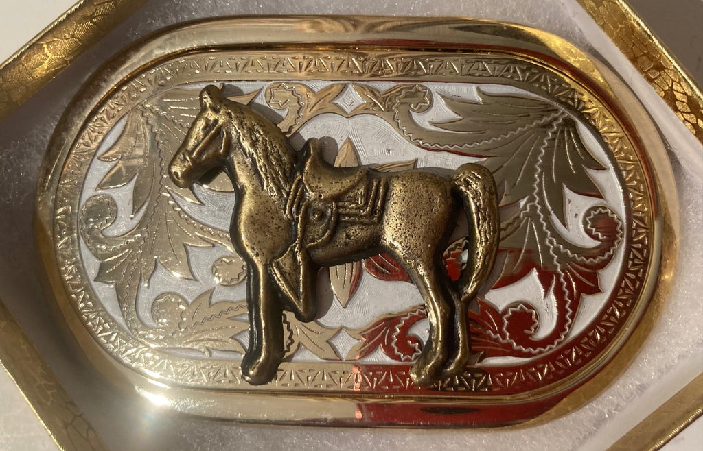 Vintage Metal Belt Buckle, Brass, Horse, Nice Western Style Design, 3 3/4" x 2 1/4", Heavy Duty, Quality, Thick Metal, Made in USA, For Belts, Fashion, Shelf Display, Western Wear, Southwest, Country, Fun, Nice